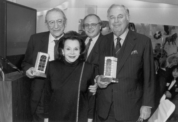 Left to Right: Max Fisher, Marjorie Fisher, Robert Naftaly, and Al Taubman at the 1997 Fisher Meeting.