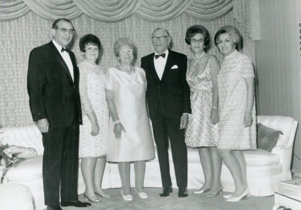 Mollie and William Fisher with their four children, in the mid 1960s. Left to right: Max Fisher, Anne Rose, Mollie Fisher, William Fisher, Gail Rossen, Dorothy Tessler.
