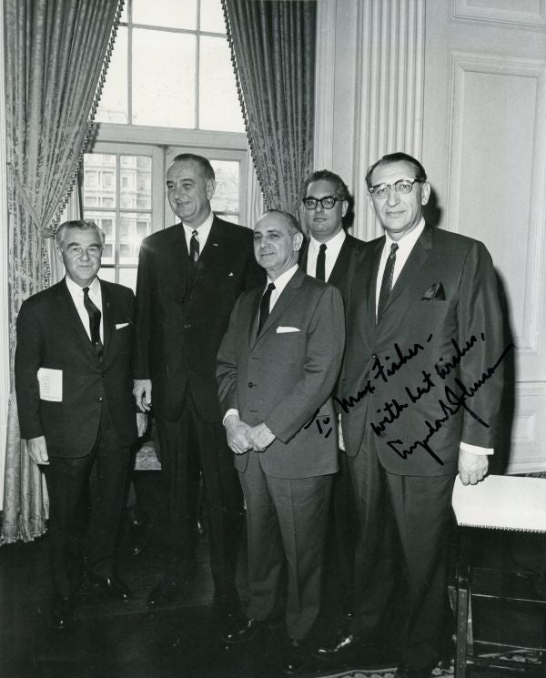 Honorary UJA Chairman Dewey Stone, President Lyndon B. Johnson, Chairman of the UJA Joseph Meyerhoff, Rabbi Herbert A. Friedman and Max M. Fisher at the White House.