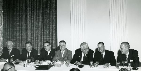 Walker Cisler, Henry Ford II, Max M. Fisher, George Romney, Charles Z. Hardwick and others at a Marathon Oil meeting.