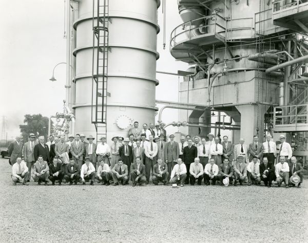 A group photo of the men who visited the Aurora Gasoline Company's Detroit refinery in 1947.
