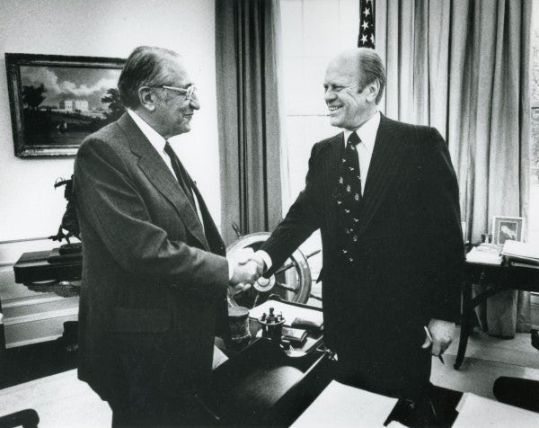 Max M. Fisher with President Gerald Ford in the Oval Office.