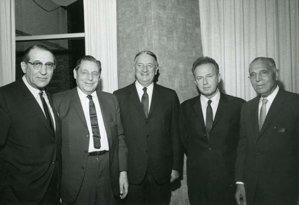 Max M. Fisher, Louis Hamburger, Edward C. Levy, Israeli Ambassador to U.S. Itzhak Rabin, and Samuel Hamburger during the Detroit Jewish Welfare Federation Pacesetters Meeting.