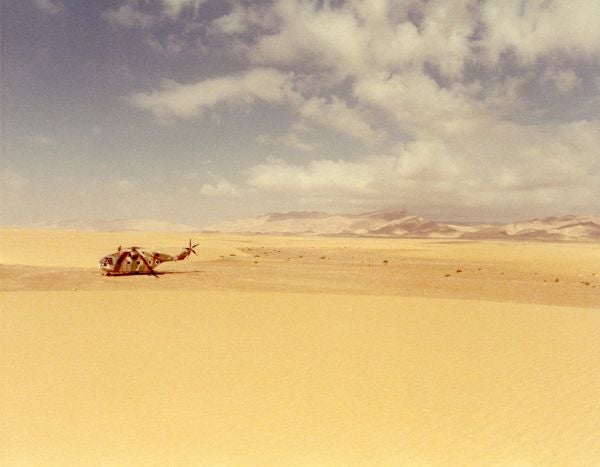 The helicopter made a forced landing in the Sinai Desert.