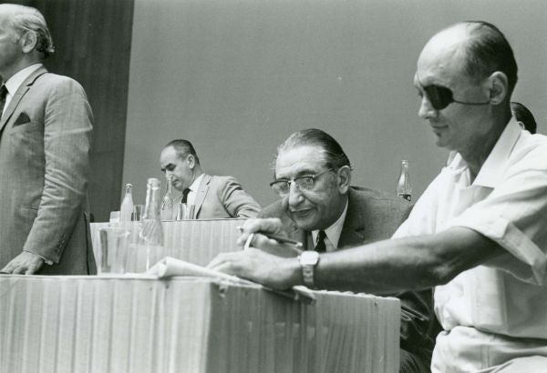 Max Fisher and Moshe Dayan at the Conference on Human Needs.
