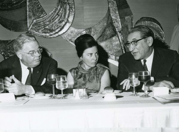 Max Fisher with U.S. Ambassador to Israel Walworth Barbour and Mrs. Levi Eshkol at a UJA event.