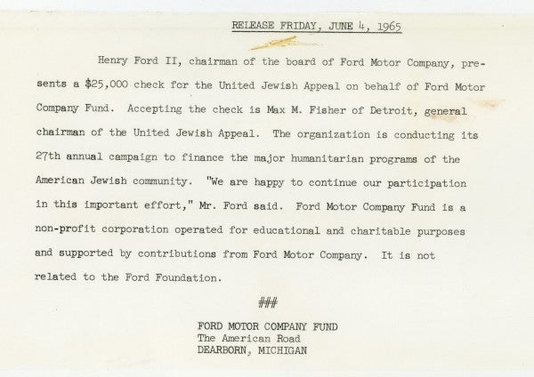Ford Motor Company press release detailing the donation.