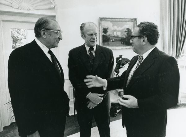 Max M. Fisher with President Gerald Ford and Secretary of State Henry Kissinger in the Oval Office in 1975.