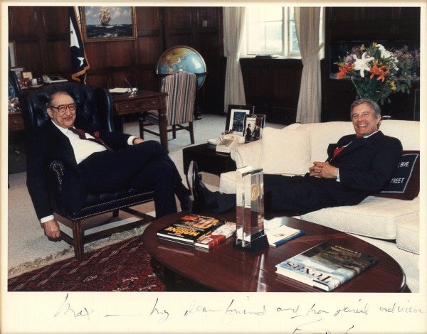 Max FIsher with Secretary of State Robert Mosbacher in Mosbacher's office.