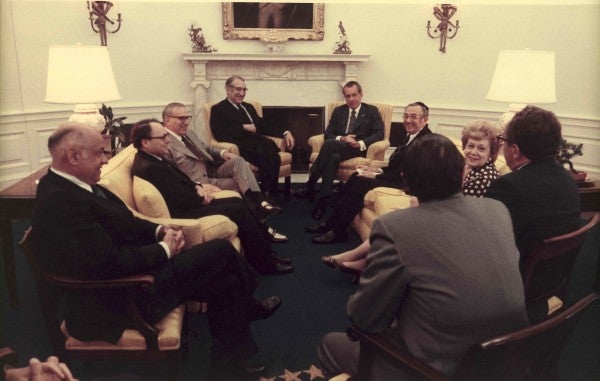 Max Fisher meeting with President Nixon and staff during the Roger's Plan controversy.