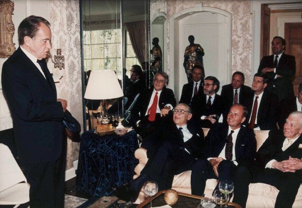 Richard Nixon addresses a room of friends and supporters in 1989.