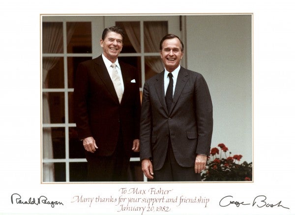 A signed photograph of President Reagan and Vice President Bush in 1982 from the personal collection of Max Fisher. 