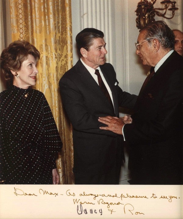 Max Fisher with President Reagan and First Lady Nancy Reagan in the White House.