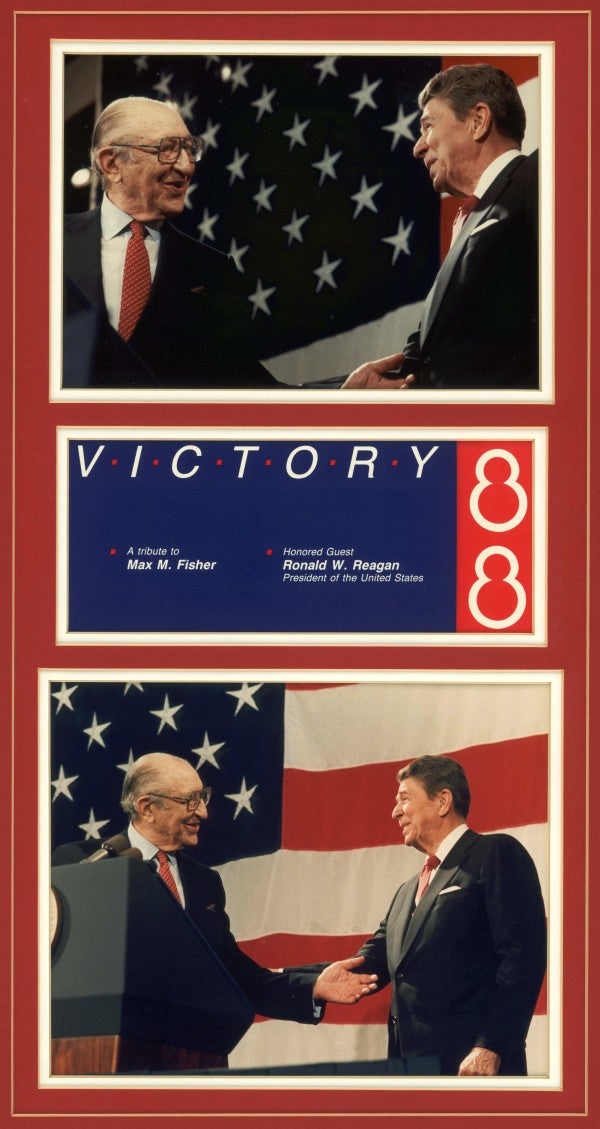 A commemorative portrait of Max Fisher with President Reagan at Max's 80th birthday celebration.