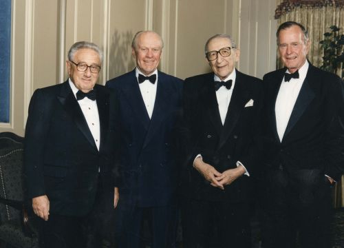 Max Fisher with a few of the distinguished guests at his 90th birthday celebration: Henry Kissinger, Gerald Ford and George H.W. Bush.