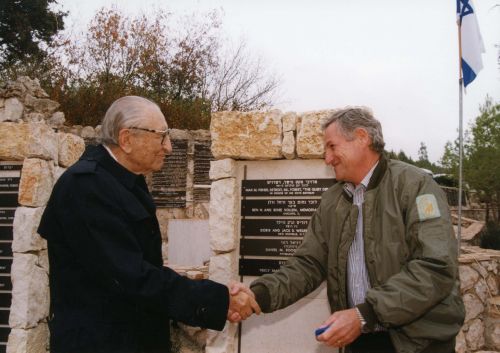 Max Fisher is congratulated by Jewish National Fund world chairman Shlomo Gravitz at the American Independence Park in Israel.