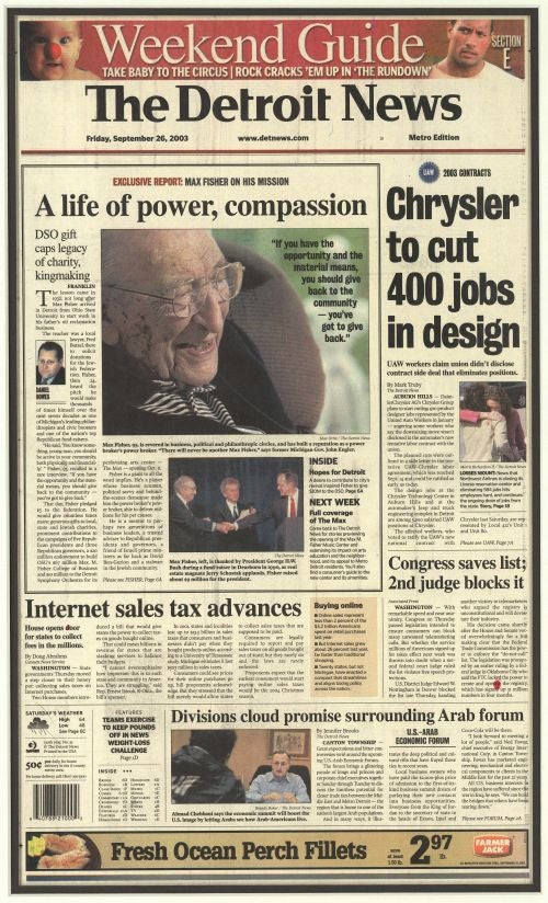 Max FIsher on the front page of The Detroit News on September 26, 2003.