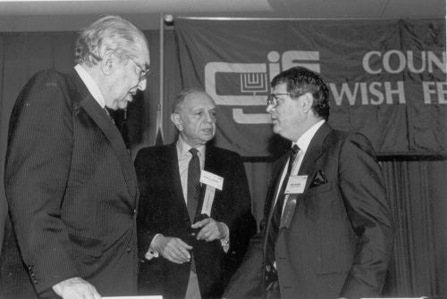 Max Fisher with Mandell L. Berman and Martin S. Kraar at a Council of Jewish Federations and Welfare Funds meeting in 1984.