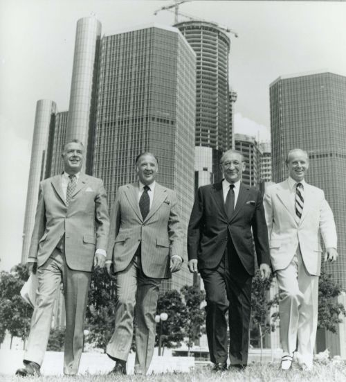 Detroit business and community leaders Robert Surdam, Henry Ford II, Max Fisher, and Robert McCabe in front of the Renaissance Center, late 1970s.