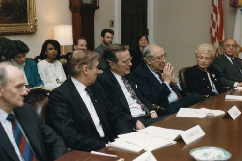 The "No Name Committee," including Max Fisher, Shoshana Cardin and Bill Berman, meet with President George Bush and his staff to discuss the emigration of Soviet Jews to the United States.