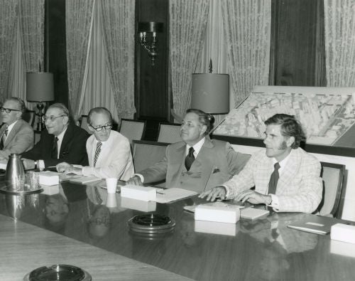 Left to Right: Thomas A. Murphy, Chairman, General Motors, Max M. Fisher, Robert E. McCabe, President, Detroit Renaissance, A. Alfred Taubman, Frederick C. Matthaei, Jr. sitting at table