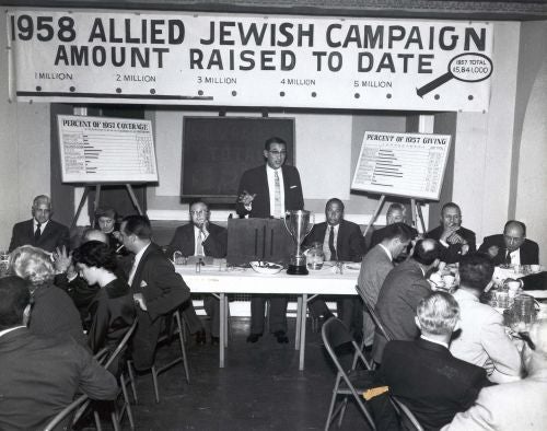 Max Fisher speaks at the Allied Jewish Campaign fundraising event in 1958.